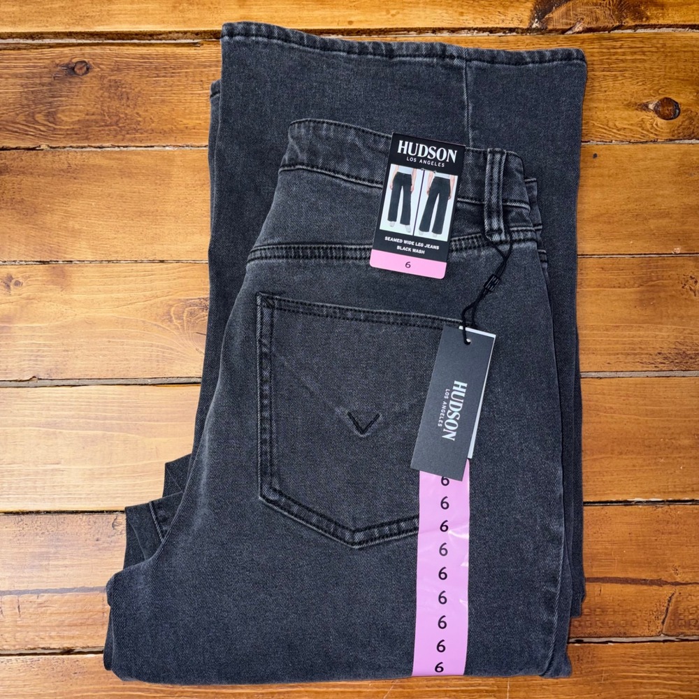 Hudson Seamed Wide Leg Jeans Womens 6 Black Wash Denim High Rise Pants NEW